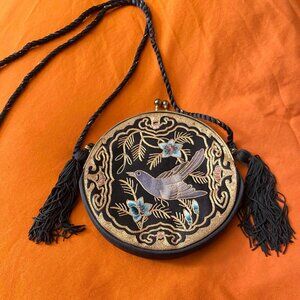 Vintage Round Chinese Embroidered Bird Purple Satin Evening Bag Kisslock Tassels